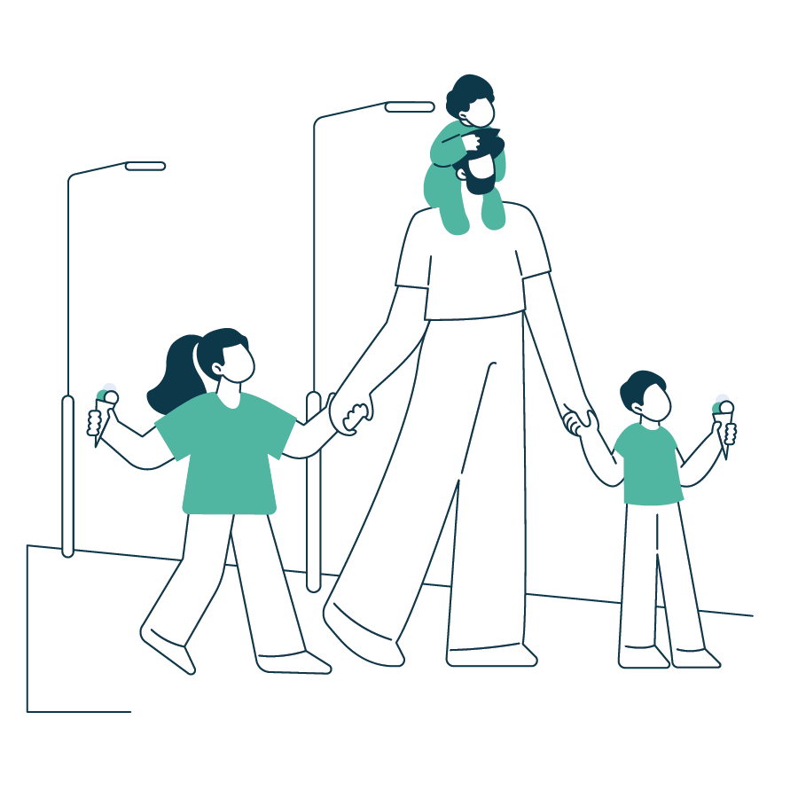 Father and children walking in city